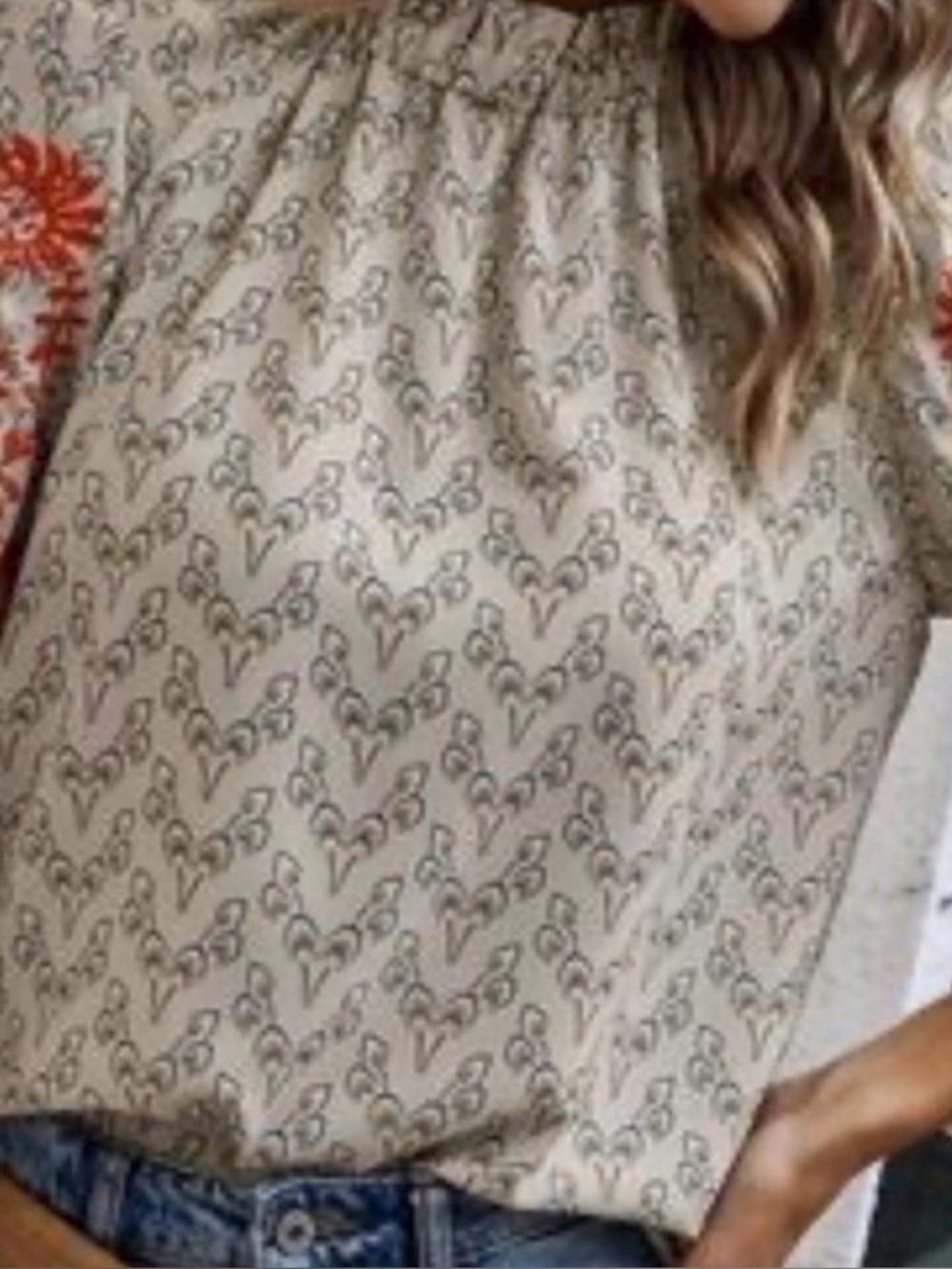 Smocked Neck Puff Sleeve Top in Cream with Orange Embroidery